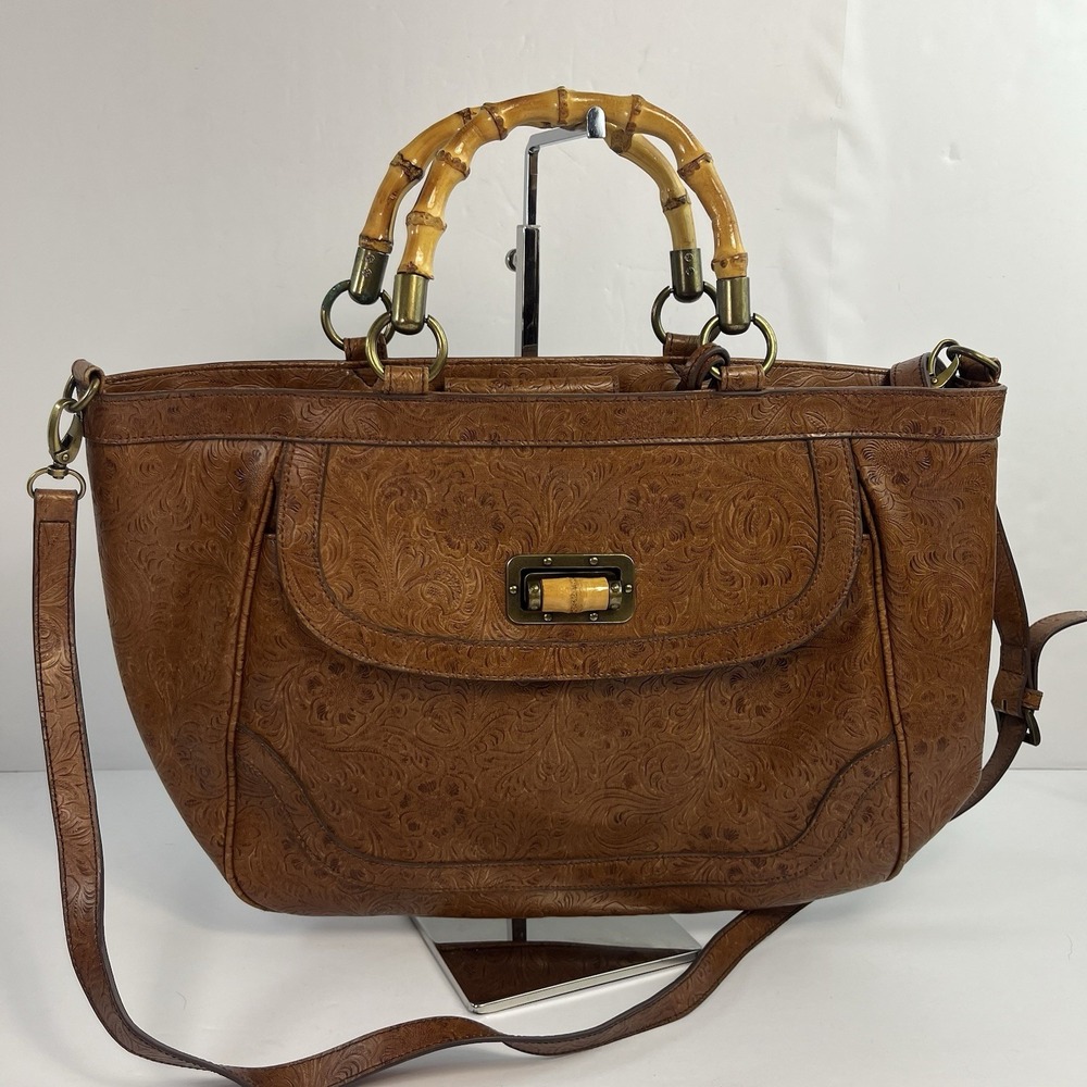 Koret Tooled Leather Handbag Shoulder Bag Brown Floral Bamboo Handles Vintage
